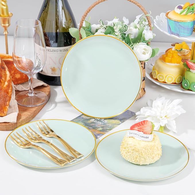 Festiva 200Pcs Pale Sage Green Gold Cake Plates 6.3" - Image 6