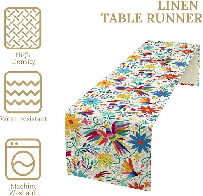 Mexican Table Runner, Boho Colorful Nature Inspired Flowers and Birds Table - Image 4