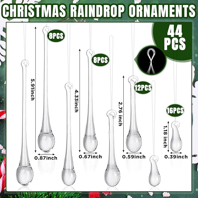 44 Pcs Clear Glass Teardrop Christmas Ornaments Crystal Raindrop Hanging - Image 2