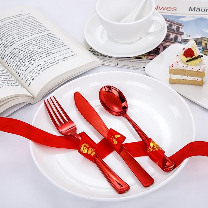 NOCCUR 180PCS Red Plastic Silverware Set - Image 5