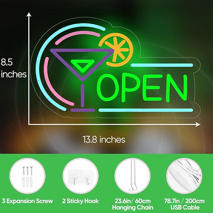 Open Neon Signs for Business, USB Dimmable Cocktails Neon Light for Beer Bar - Image 2