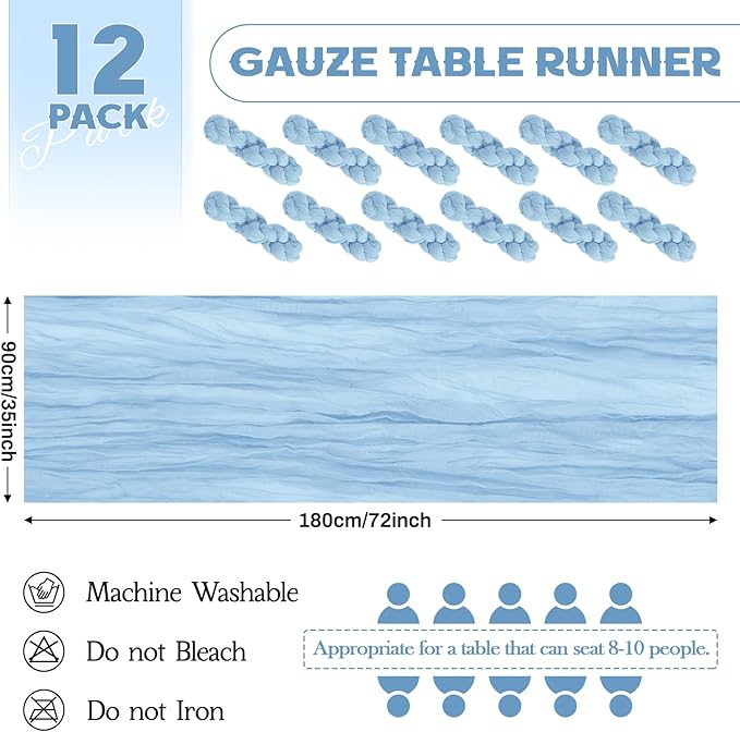Aktor 12 Pack Light Blue Table Runner Boho Cheesecloth Table Runner Semi Sheer - Image 4