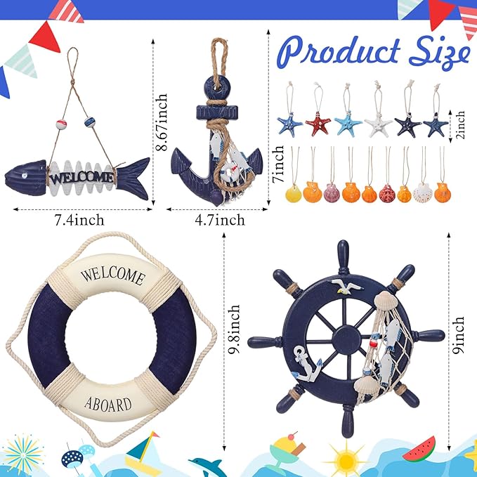 Marsui 11 Pcs Wooden Nautical Wall Decor Fishing Net Decoration, Include - Image 2