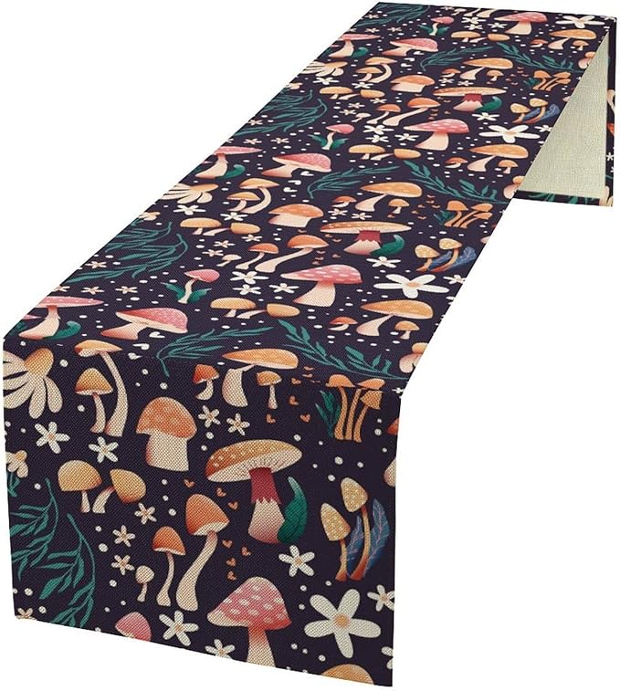 Mushroom Table Runner, Retro Forest Plant Table Cloth Farmhouse Kitchen Dining by Unknown