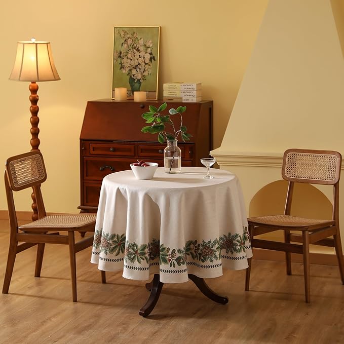 ISAENNE Designer Christmas Linen Round Tablecloth, Light Beige Western Elegant - Image 2