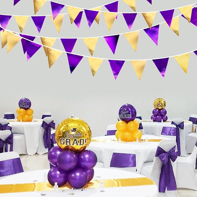 Purple and Gold Party Decorations Metallic Fabric Triangle Pennant Banner Flag - Image 6
