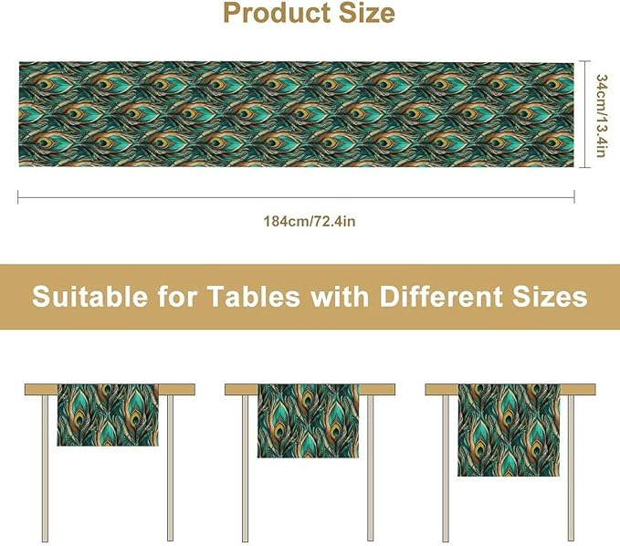 Peacock Feather Table Runner, Retro Aesthetic Green Table Runner - Image 7