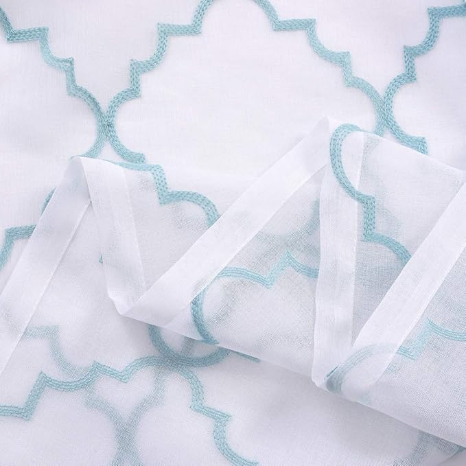 Embroidery Sheer Curtains Blue 95 Inches Long, Window Treatments Rod Pocket - Image 6