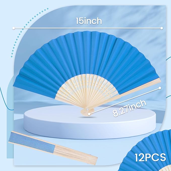 JOHOUSE 12Pcs Blue Paper Folding Hand Fans, 8.3 Inch Handheld Portable - Image 3