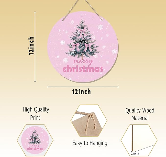 CGBHW Pink Christmas Wooden Sign, Coquette Aesthetic Christmas Tree Xmas Bows - Image 7
