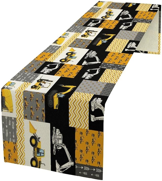 Excavator Table Runner, Boys Kids Construction Vehicles Equipment Trucks by Kurtect