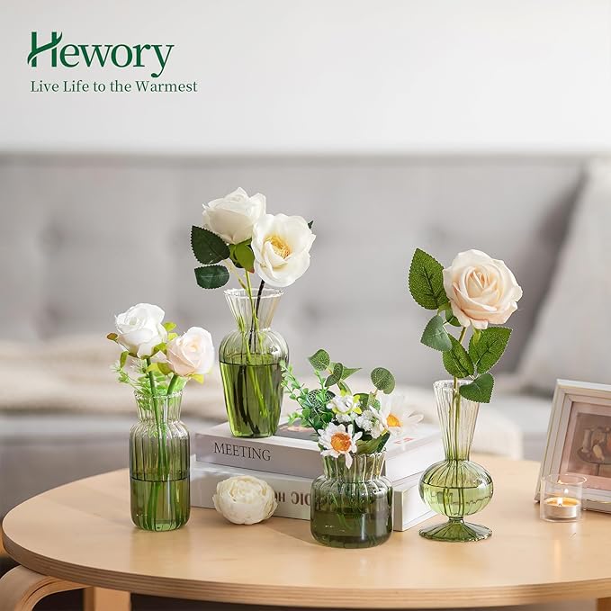 Hewory Small Ribbed Glass Bud Vases Set of 8 Green Flower Vase Centerpieces - Image 3
