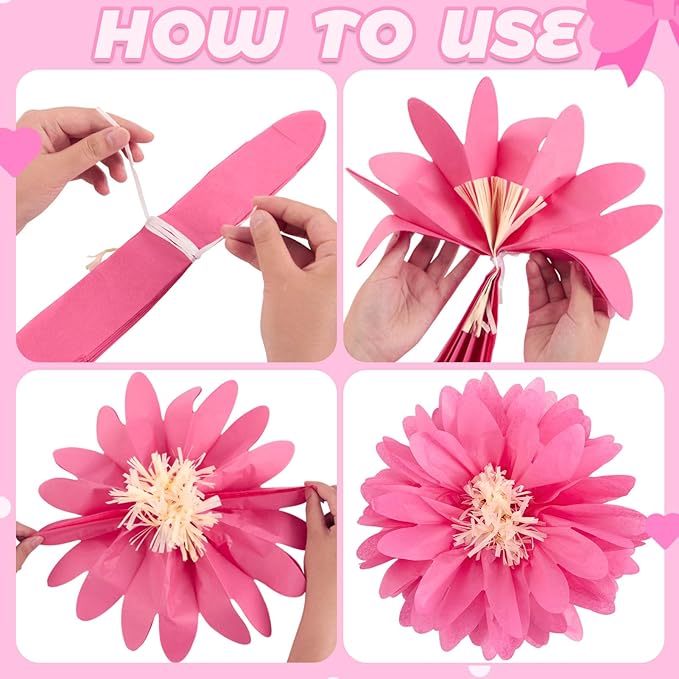 12 Pcs Pink Tissue Paper Flowers Daisy Tissue Paper Pom Poms Party Decorations - Image 3