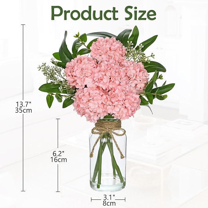 Hollyone Pink Hydrangea Artificial Flowers in Clear Glass Vase - Image 2