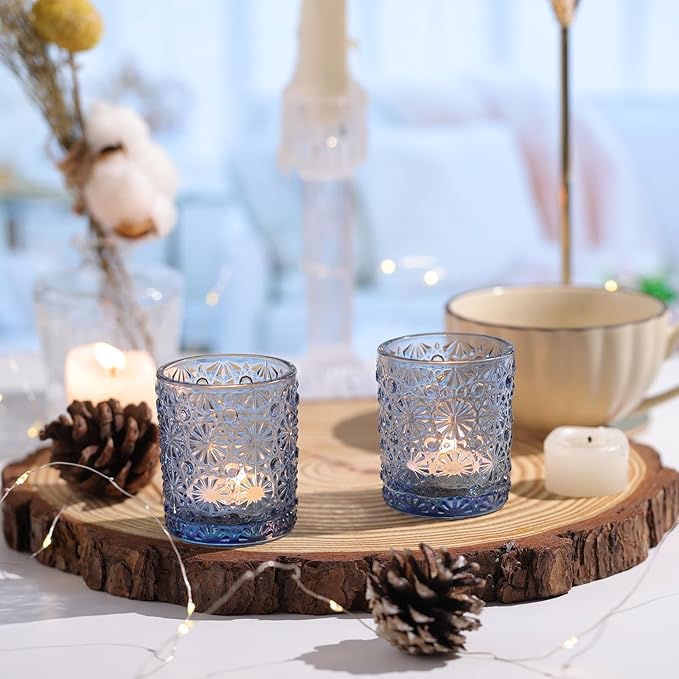 Blue Votive Candle Holder Set of 36, Flower Tea Lights Candles Holders - Image 6