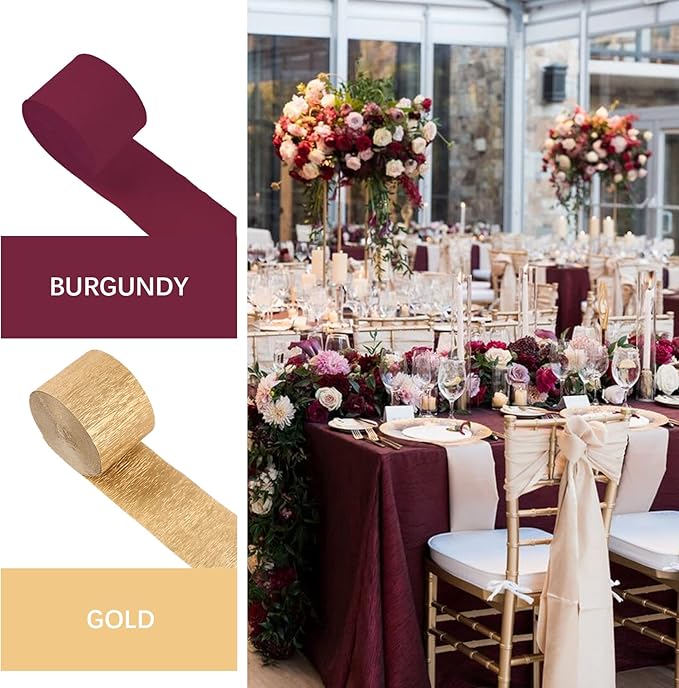 PartyWoo Crepe Paper Streamers 4 Rolls 328ft, Pack of Burgundy and Gold Crepe - Image 3
