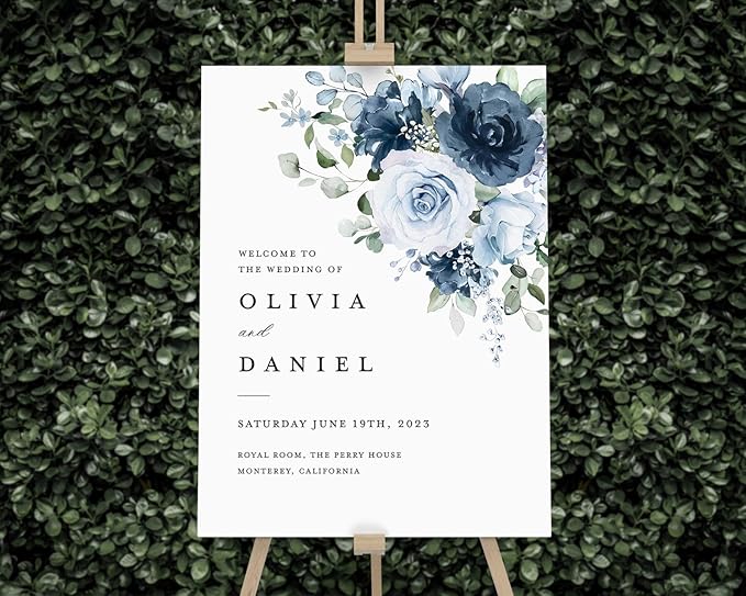 Welcome Wedding Sign Personalized, Elegant Light Blue Rose Wedding Sign - Image 3