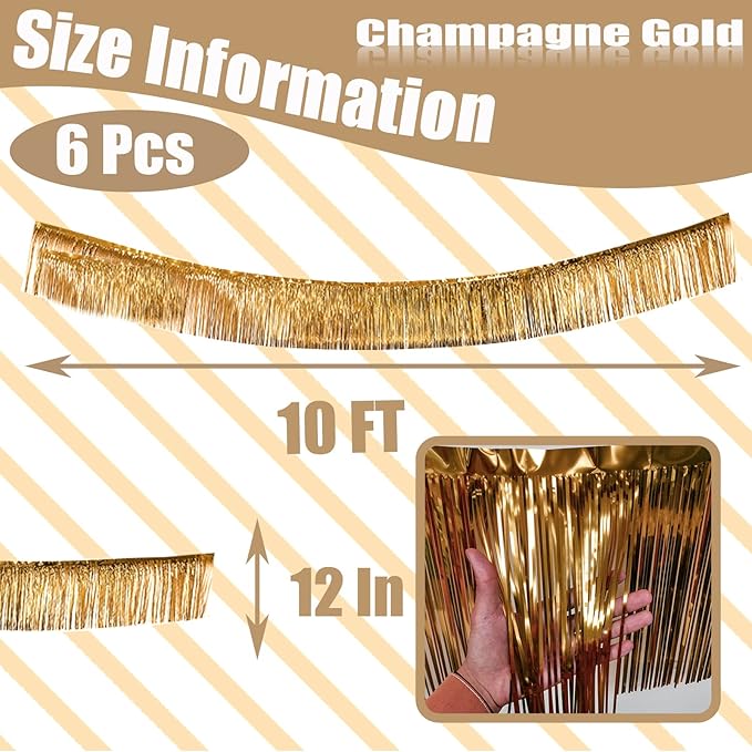 6 Pack 10 Feet Champagne Gold Foil Fringe Garland Metallic Tinsel Streamers - Image 2
