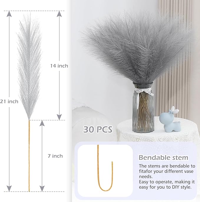 Grey Pampas Grass Decor 30 Pcs 21.7 Inch Faux Gray Pampas Grass Bulk Artificial - Image 3