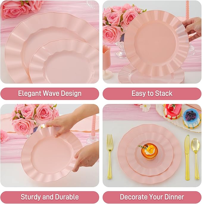 60Pcs Premium Pink Plastic Plates, Fancy Nice Disposable Plate, Elegant Wedding - Image 4