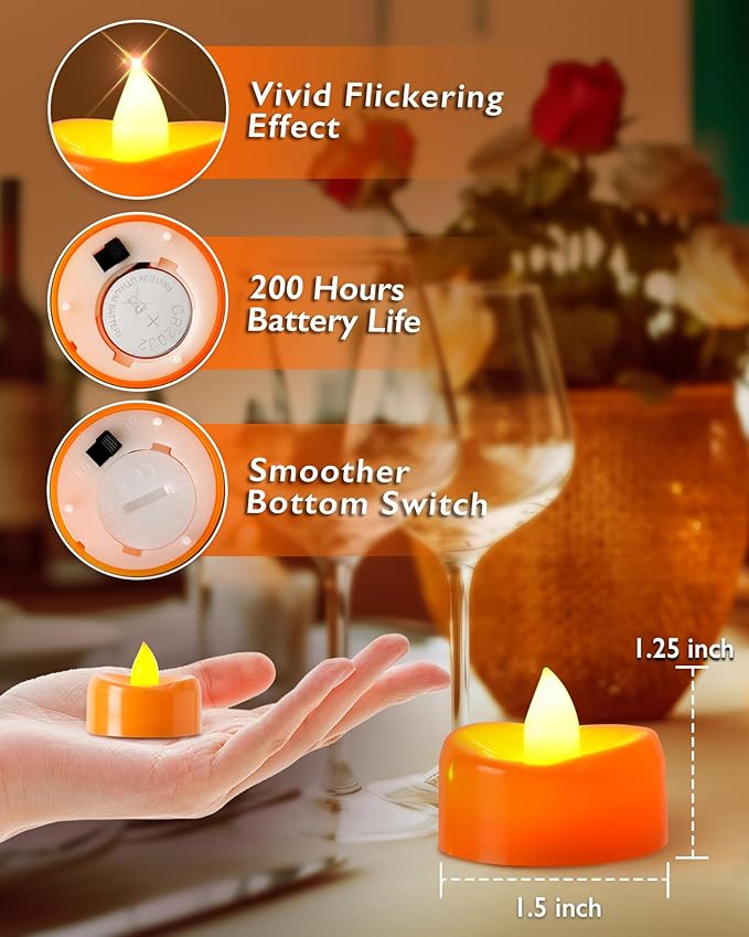 Raycare Orange LED Tea Lights Battery Operated, 200+Hour Flickering Votive - Image 2