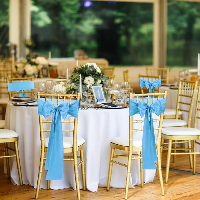 50 PCS Baby Blue Satin Chair Sashes Bows Universal Chair Ribbon Ties Back Sash - Image 6