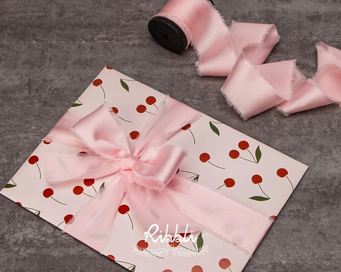 Ribbli Light Pink Silk Satin Ribbon 1.5 Inch x 12 Yard Handmade Frayed Chiffon - Image 3