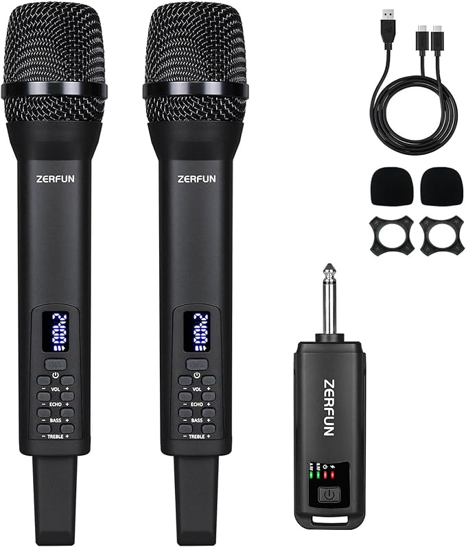 Rechargeable Wireless Microphones Dual, Pro Handheld Cordless Mics System by ZERFUN