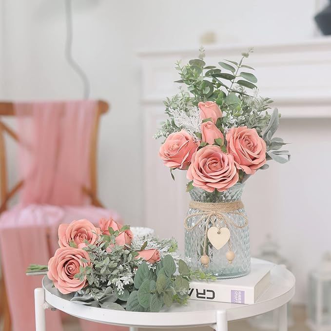 Faux Flowers with Vase, Artificial Silk Roses in Vase, Fake Plant Eucalyptus - Image 4