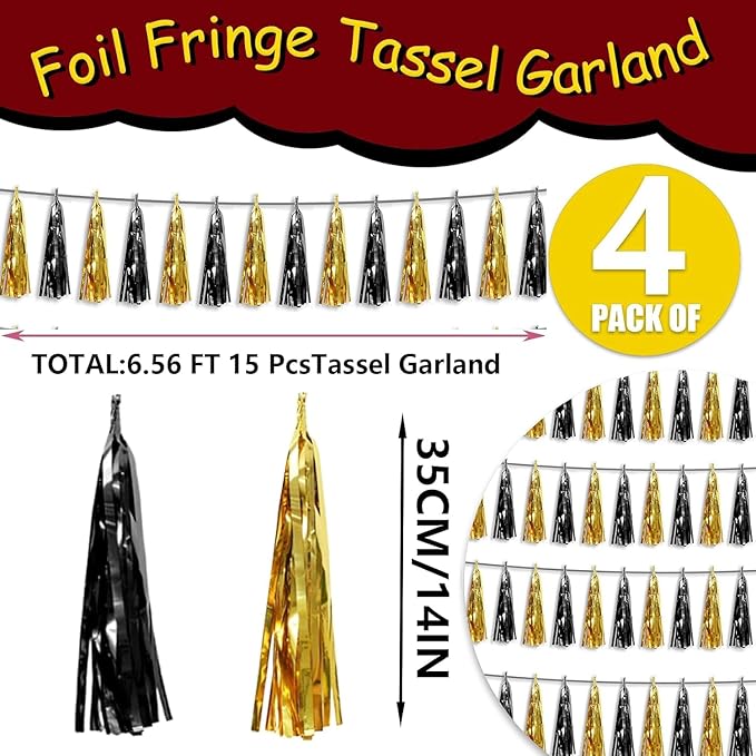 4P Black Gold Foil Fringe Tassel Banner Garland Metallic Tinsel Streamers Wall - Image 2