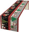 Christmas Table Runner, Cartoon Snowman Tree Xmas Deer Elk Santa Claus Print by Kurtect