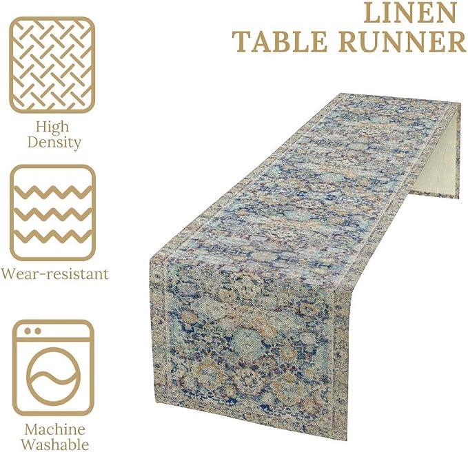Vintage Boho Floral Table Runner, Rustic Country Farmhouse Blue Yellow Retro - Image 5