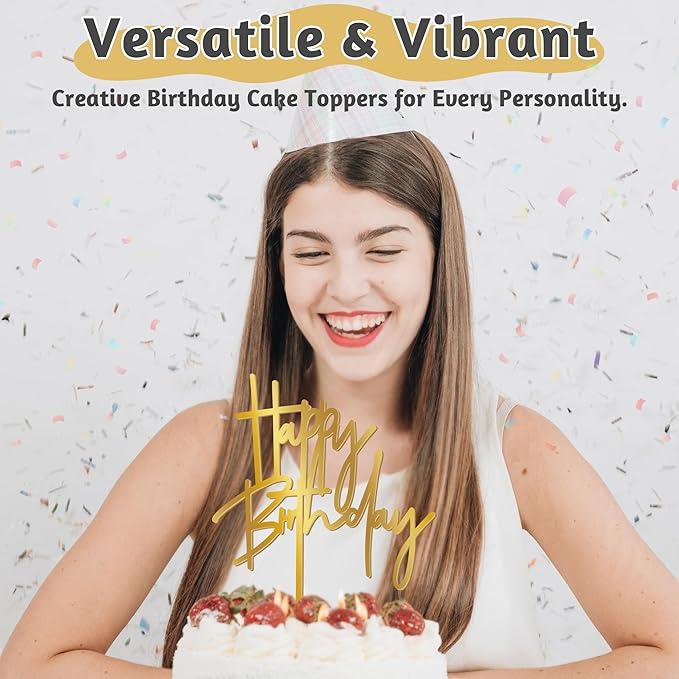 1PCS Gold Birthday Cake Topper, 5.3 x 7.2 Inches Acrylic Happy Birthday Cake - Image 3