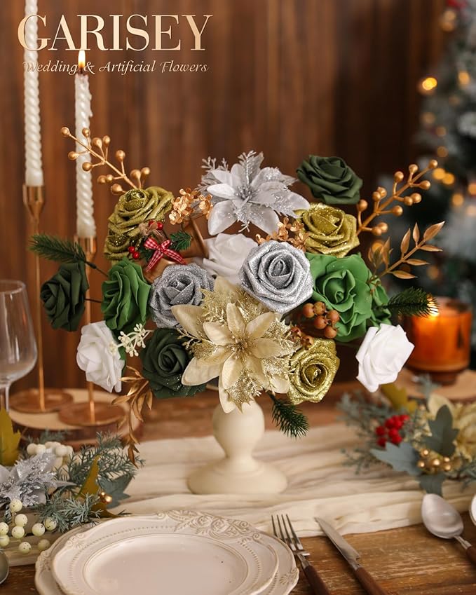 Christmas Artificial Flowers Poinsettia Flower Mix Silk Flowers Fake Roses - Image 3