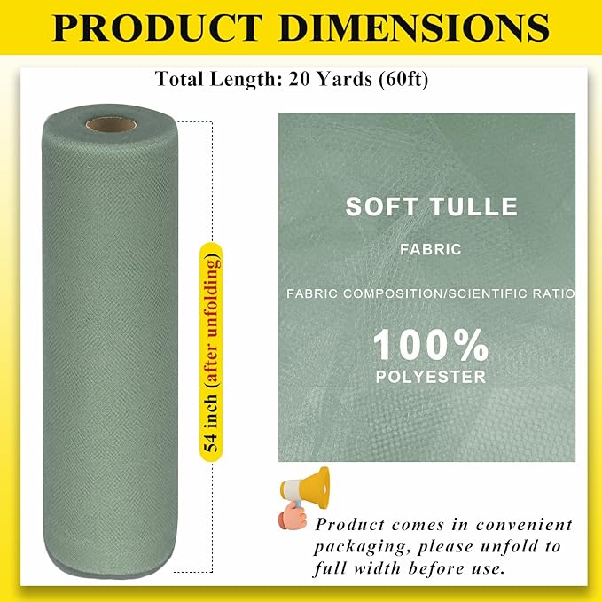 Sage Green Tulle Fabric Rolls 54 Inch by 20 Yards Tulle Ribbon Netting Spool - Image 3