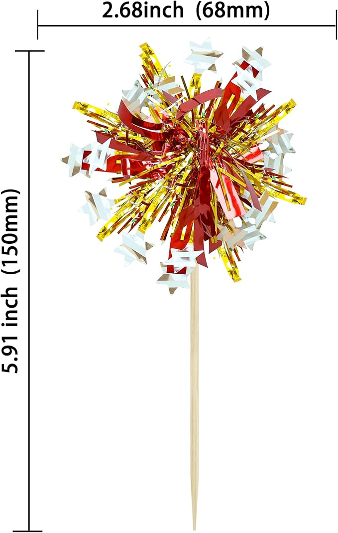 Ephlyn 30Pcs Foil Firework Cupcake Toppers Sparkle Tinsel Cupcake Picks Happy - Image 2