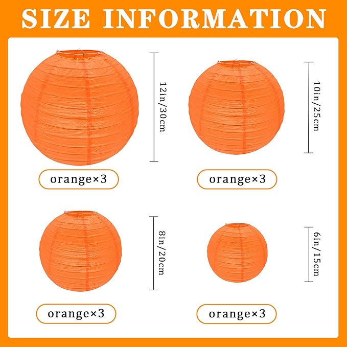 12Pcs Round Paper Lanterns Assorted Sizes - Image 2