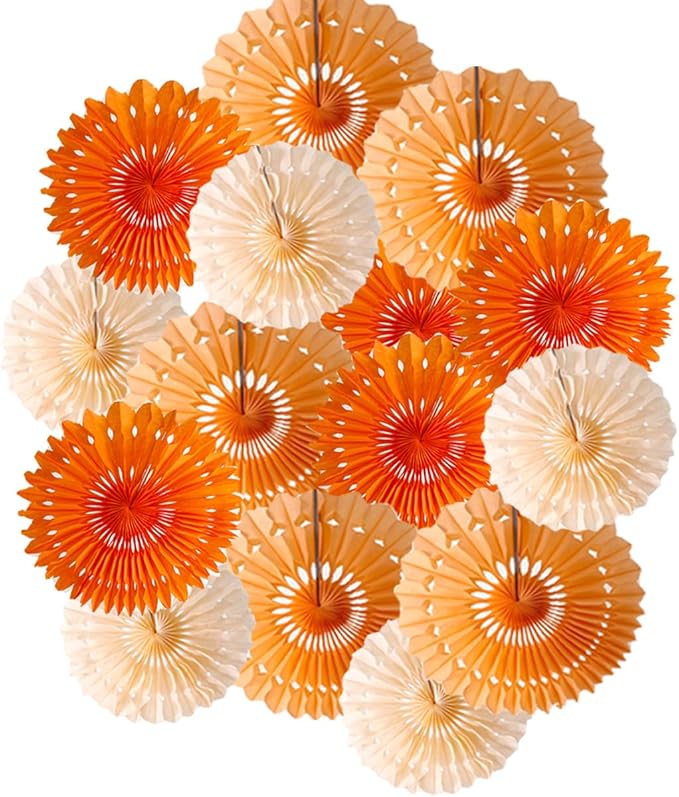 15pcs 6'' 8'' 10'' Paper Fans Decorations Round Orange Tissue Paper Fans Decor by Meeom