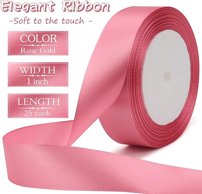 Rose Gold Solid Satin Ribbon 1 Inch 25 Yards Solid Polyester Fabric Ribbon - Image 2