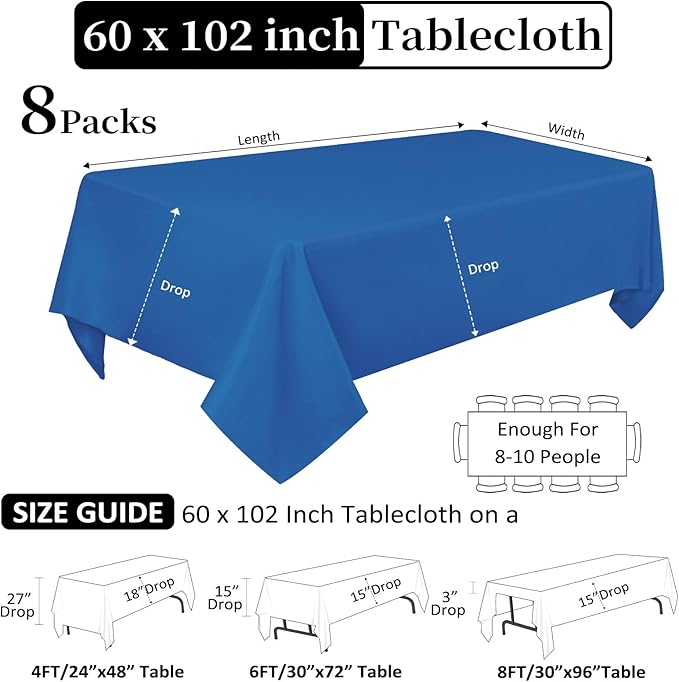 8 Pack Royal Blue Tablecloth 60 x 102 Inch Rectangular Tablecloths - Image 2