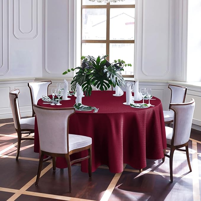 Biscaynebay Textured Fabric Round Christmas Table Cloths 108", Burgundy Water - Image 2