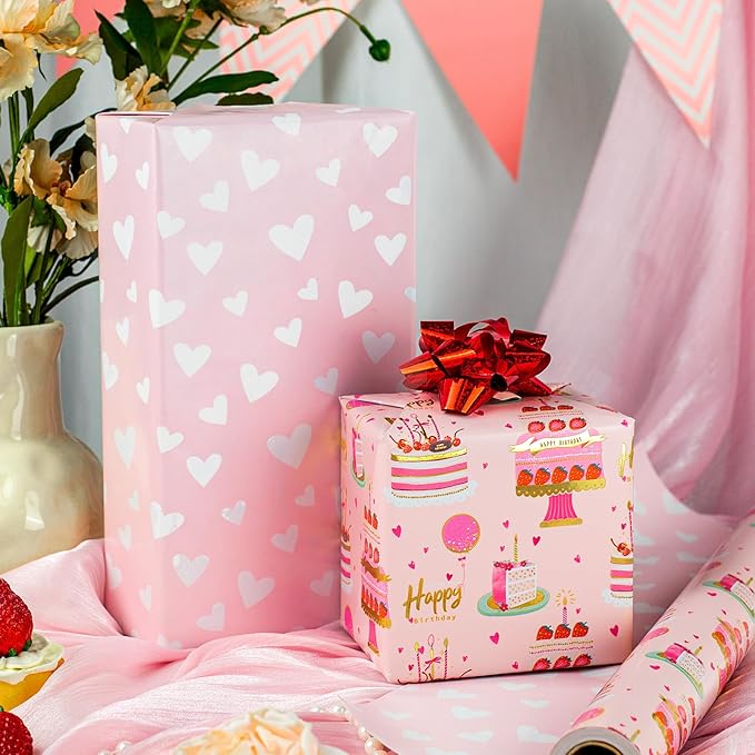 Yarcony Girls Birthday Wrapping Paper Roll, Metallic Foil Pink Cartoon-Style - Image 7