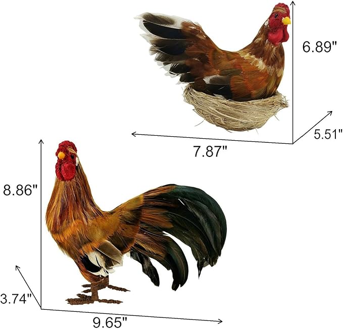 naturevibe 8.8 Inches Feathered Rooster Decor and Hen, Realistic Farm Animals - Image 2