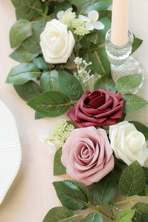 PONATIA 5FT Burgundy Artificial Flowers Garland, Dusty Rose Flowers Garland - Image 6