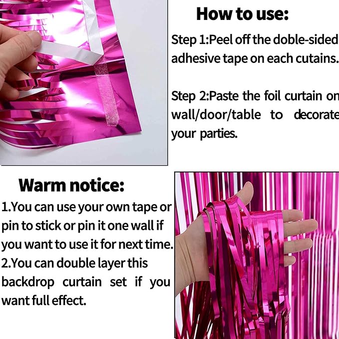 4 Pack Fuchsia Foil Fringe Curtain Backdrop, 3.28Ft x 8.2Ft Metallic Tinsel - Image 3