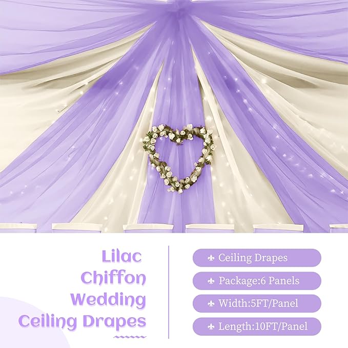 6 Panels Lilac Wedding Ceiling Drapes 5ftx10ft Ceiling Drapes Chiffon Fabric - Image 2