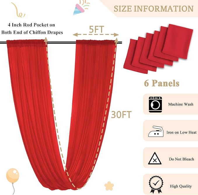 MODFUNS Red Ceiling Drapes for Weddings 5x30ft 6 Panels Chiffon Ceiling Curtain - Image 2
