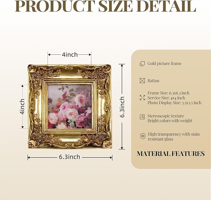 Cuspin Gold Picture Frame 4x4 Frames, Ornate Square Resin Photo Frame - Image 6