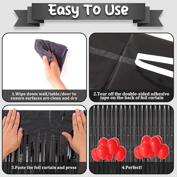 2 Pack Black Foil Fringe Backdrop Curtains, Tinsel Streamers Birthday Party - Image 4