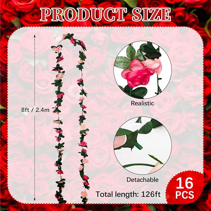 16Pcs 126Ft Pink Rose Garland, Fake Rose Hanging Flowers, Artificial Flower Vine - Image 2